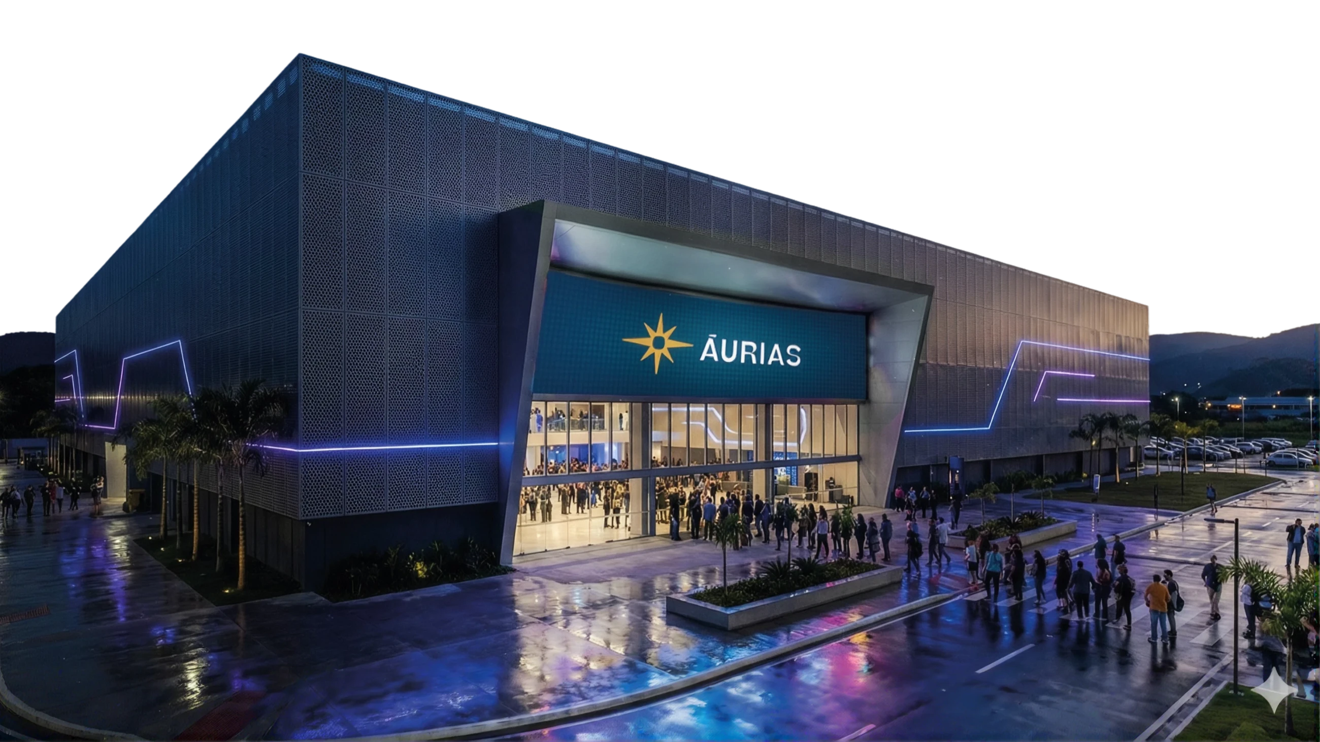 Perspectiva do futuro centro de eventos Áurias ao entardecer